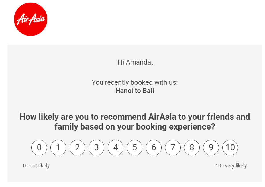 Short-and-sweet email survey example from the airline AirAsia