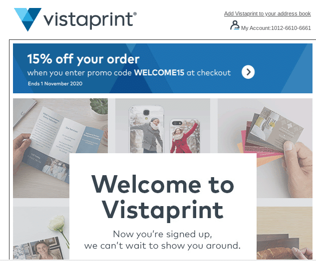 Vistaprint’s welcome email