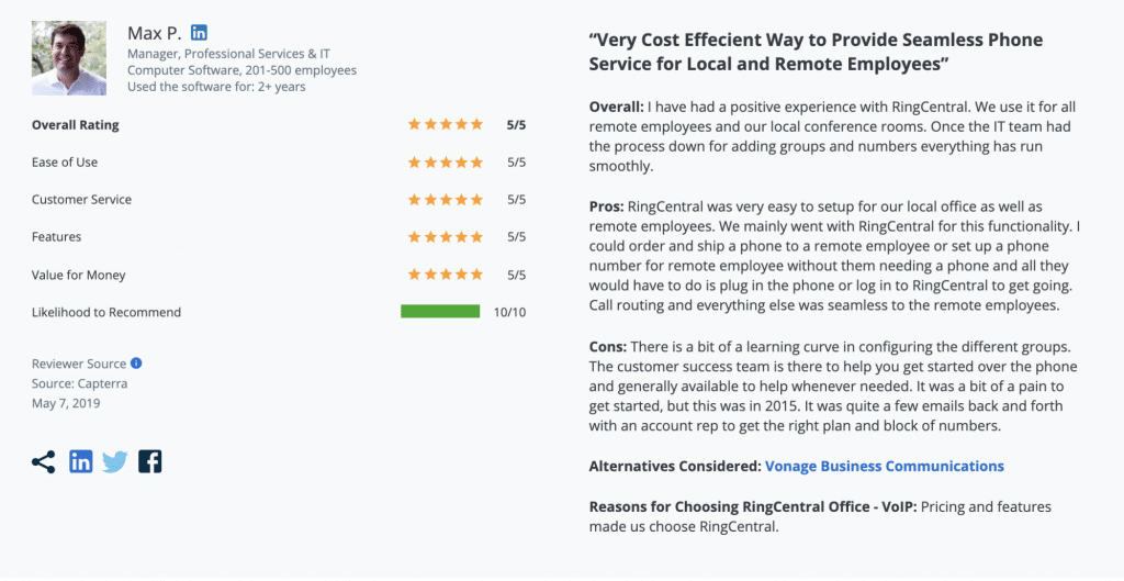 RingCentral review from a customer