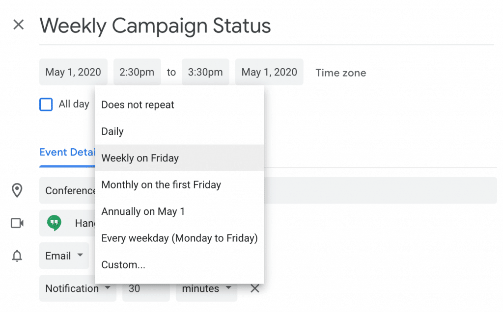 Setting recurring events to repeat on Google Calendar.