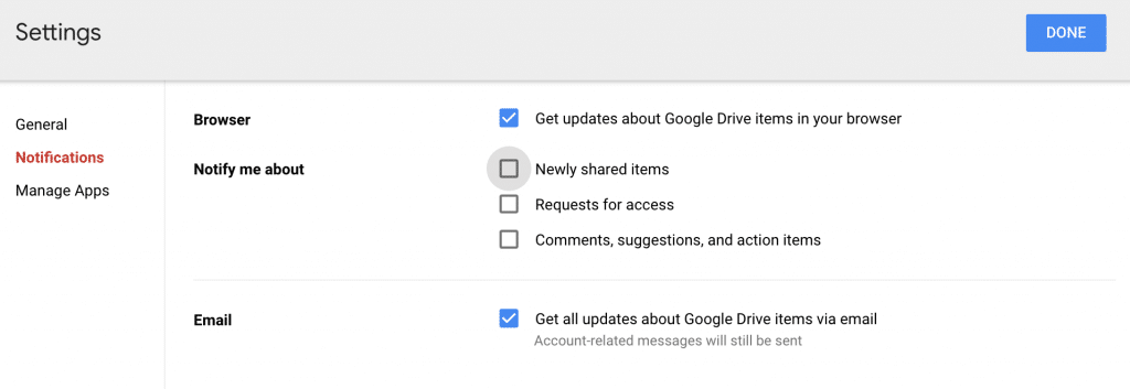 Google Drive: Getting rid of notifications