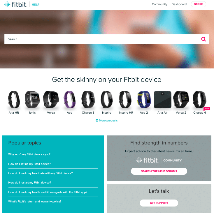Fitbit's knowledge base homepage offers a range of navigation options, including links to product-specific information.