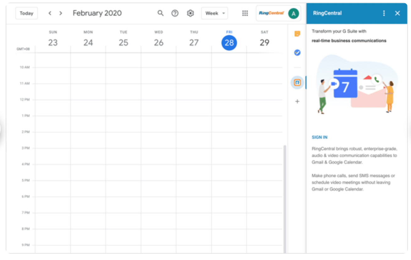 When RingCentral add-on is installed, it appears on the Add-ons panel to the right of the calendar view. From here, you can seamlessly call and text people, view conversation history, and schedule meetings.