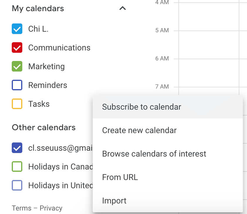To see someone else’s calendar, under Other calendars, click the + icon and go to Subscribe to calendar.