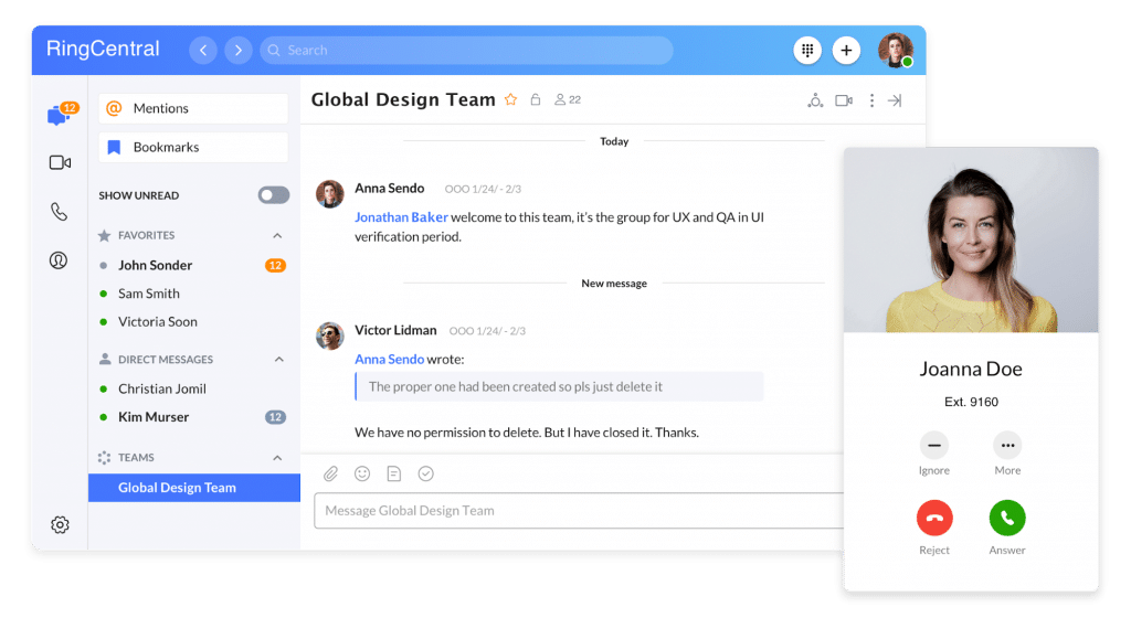 RingCentral is an all-in-one team messaging and collaboration tool that includes video calls, file sharing, task management, and loads of integrations with tools.