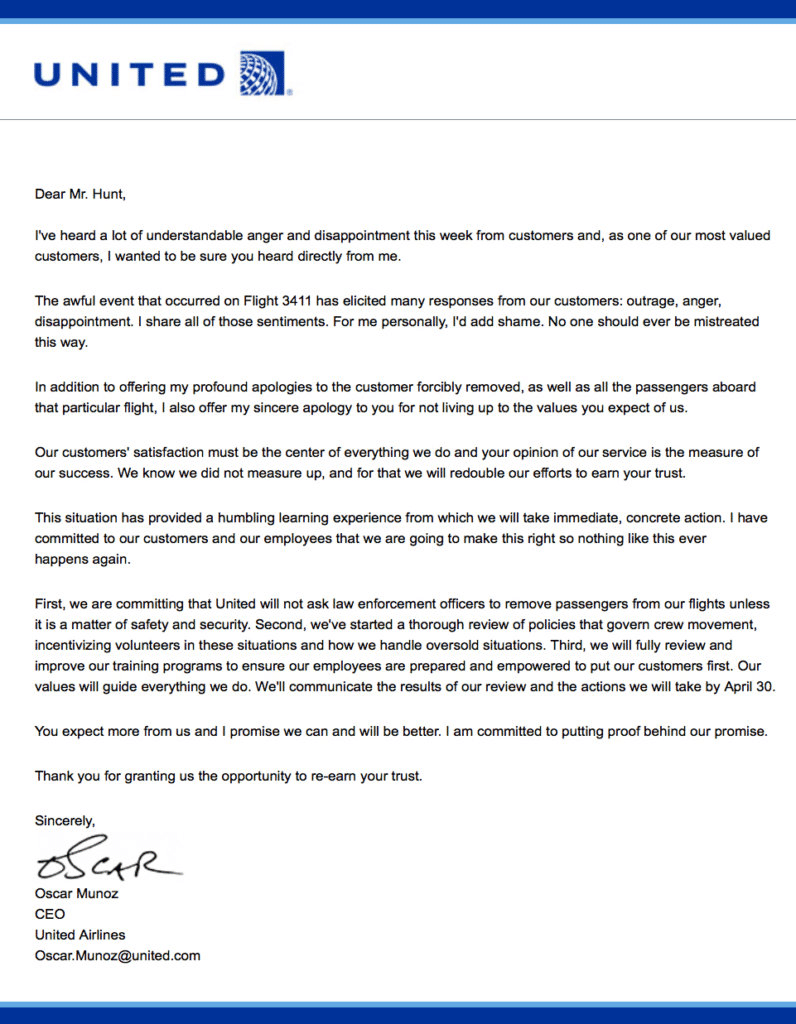 United's apology letter to a customer for poor service