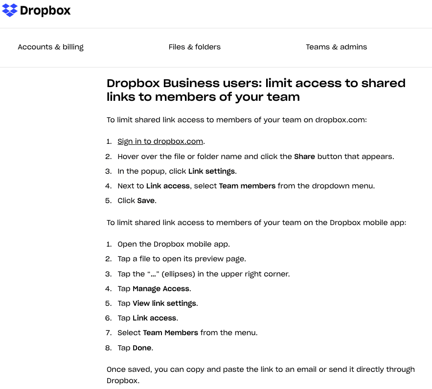 Instructions to limit user access in Dropbox