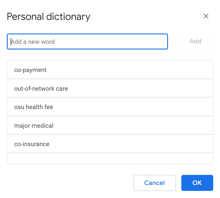 Customizing personal dictionary in Google Docs