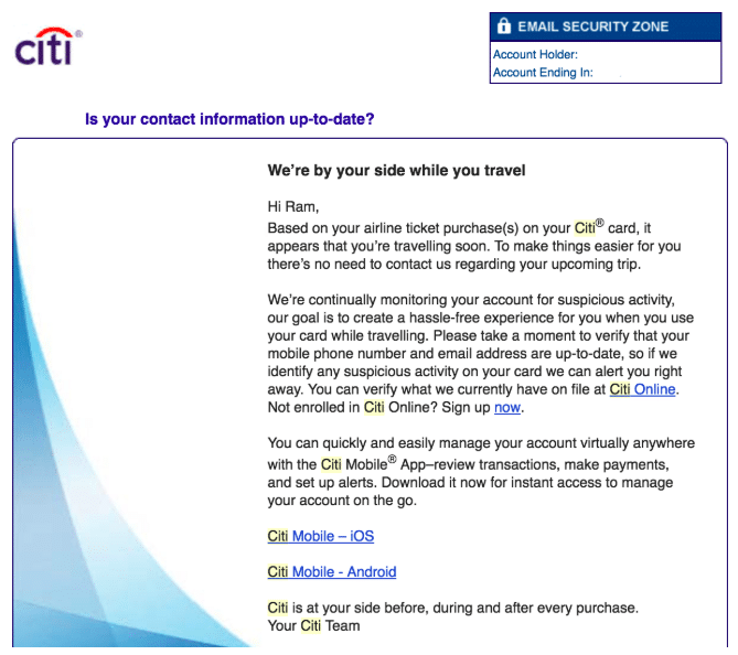 Citibank automatically detecting travel plans