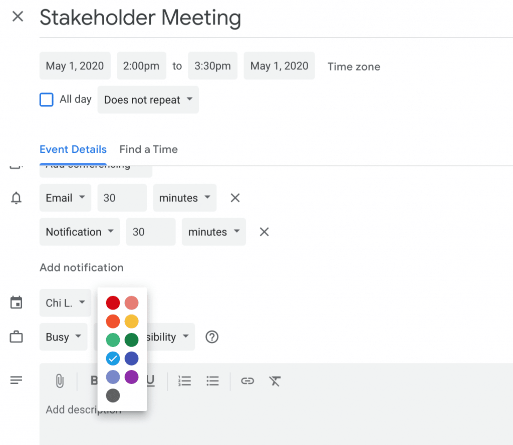 Setting specific events with different colors in Google Calendar