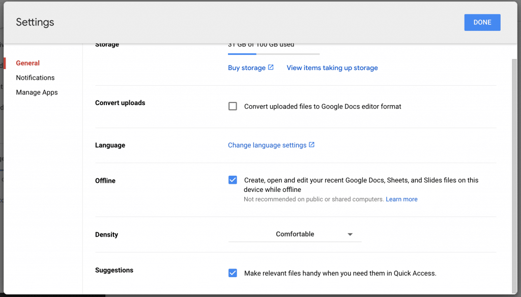Google Drive Offline setting
