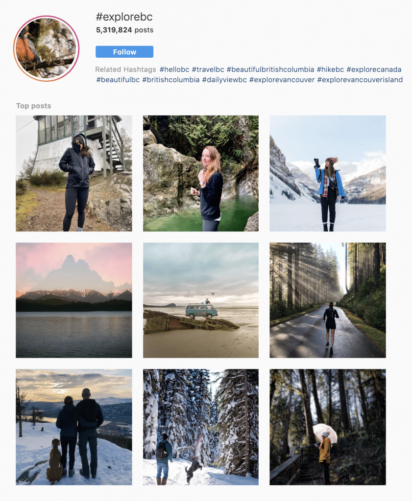 Tourists and locals posts IG pictures and videos using the #explorebc hashtag to share their BC experiences