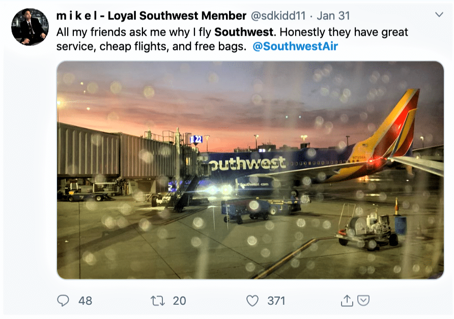 Southwest Airlines praised on Twitter