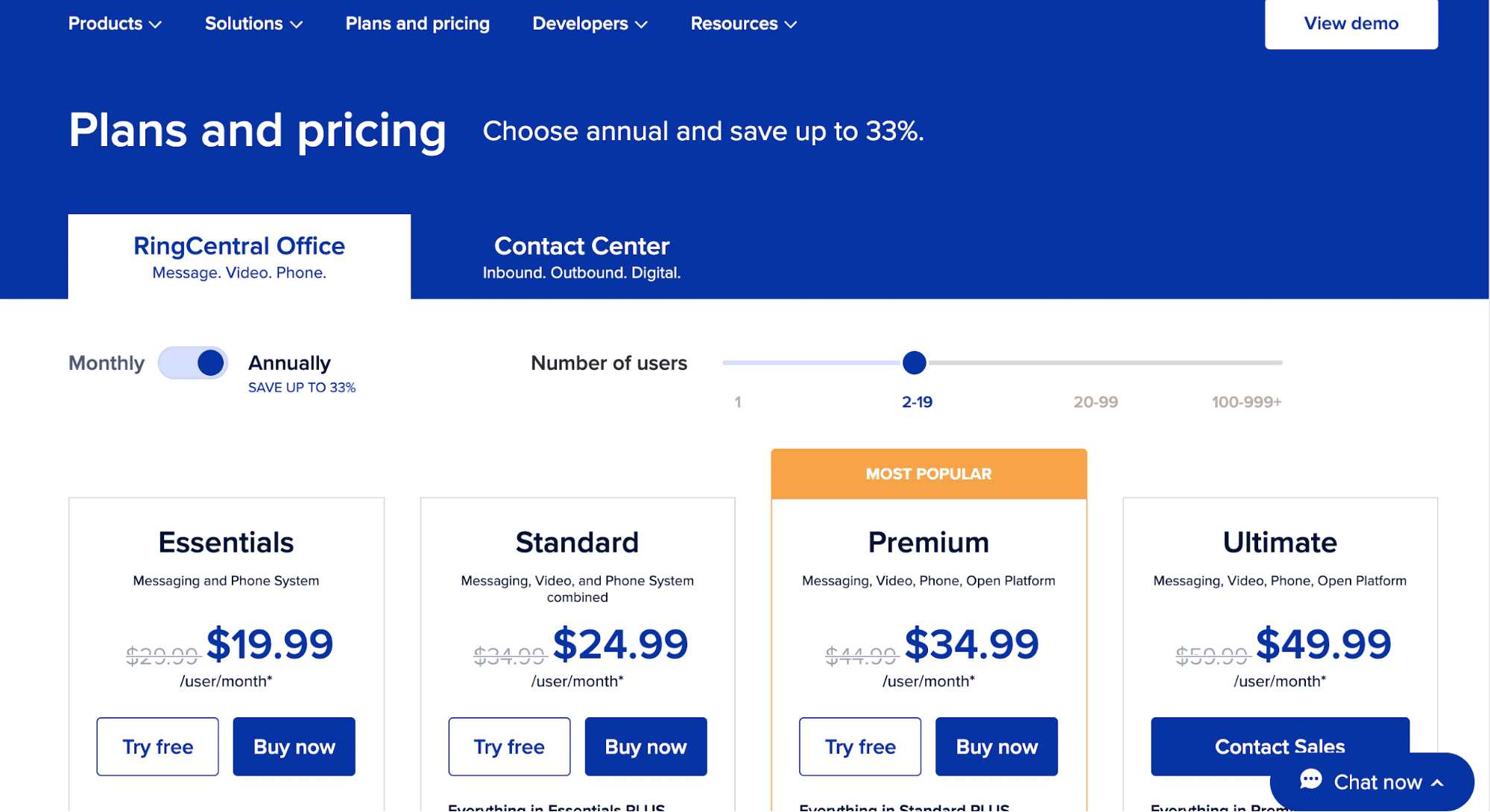 Screenshot from RingCentral's Plans and Pricing Page