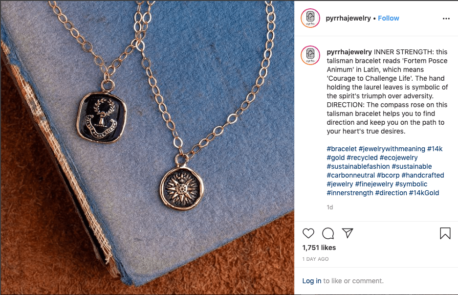 Pyrrha Jewelry Instagram post using hashtags