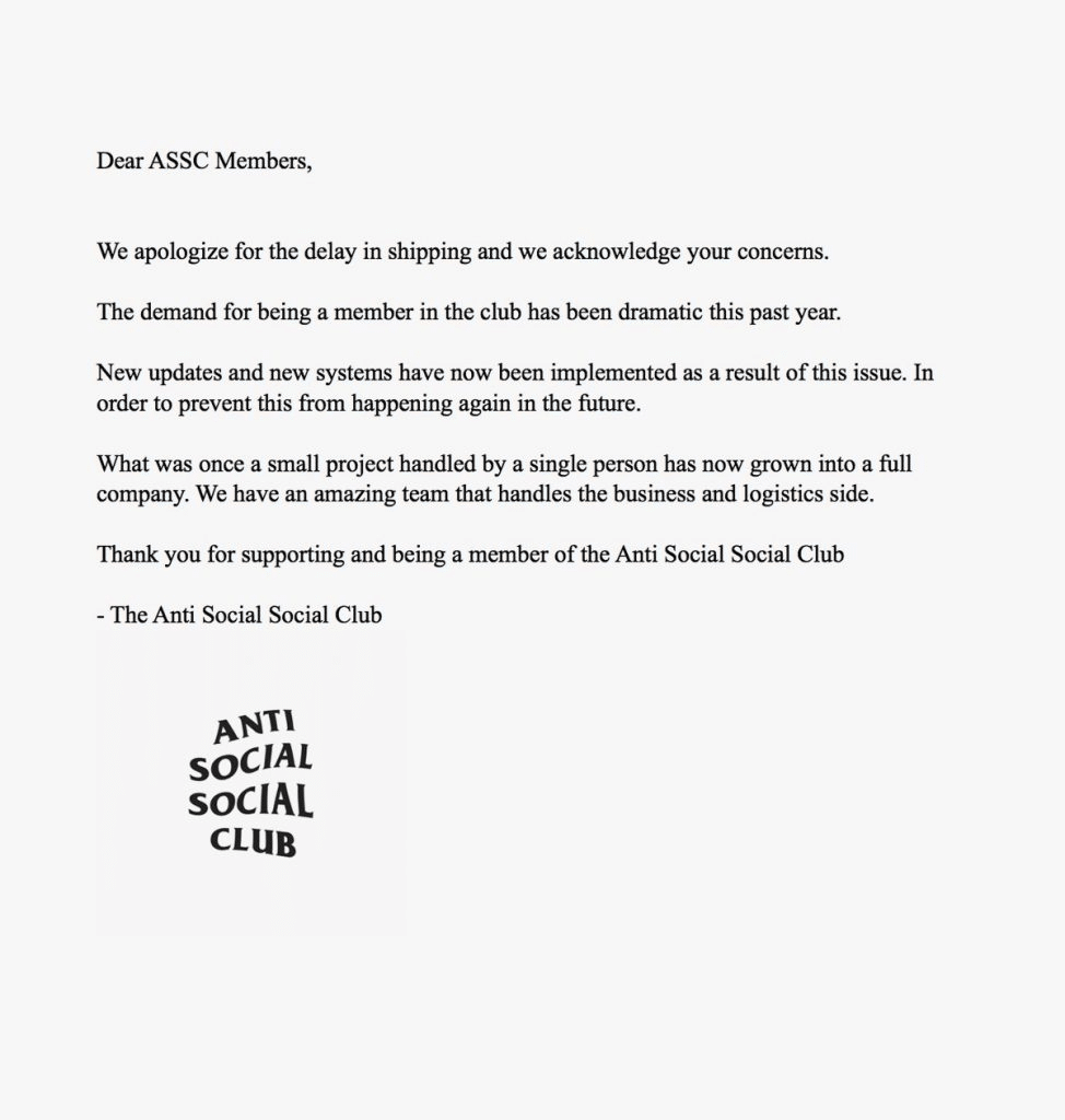 Anti Social Social Club's apology letter for delays