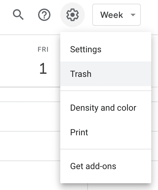 To recover deleted events in Google Calendar, go to the overview page, navigate to the settings icon in the top right corner and click on Trash.