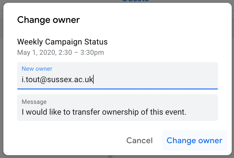 Change the meeting owner of a Google Calendar event