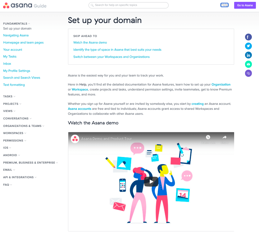 Asana's knowledge base articles have a beautiful, clean design and uses videos, screenshots, and other visual elements to break up the text nicely and makes it more engaging to read.