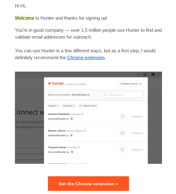 Hunter.io’s welcome email