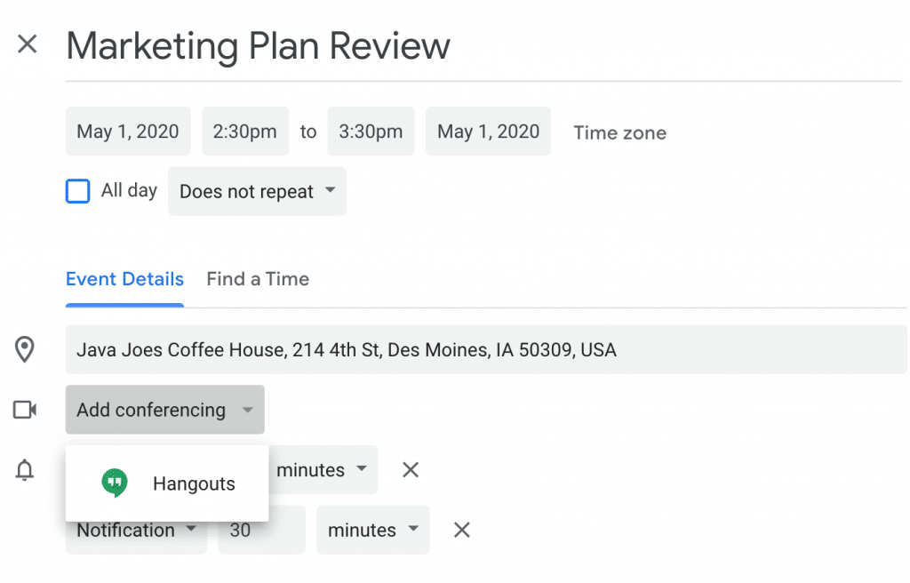 When creating a new Google Calendar event, click Add conferencing to turn your meeting into a virtual meeting. By default, Google Hangouts is available to anyone who uses Google Calendar.