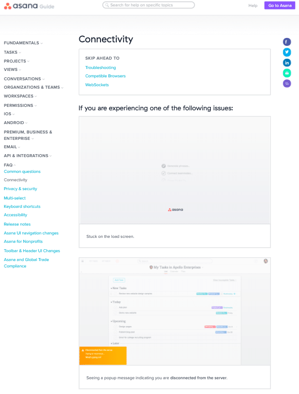 Example from Asana about how to troubleshoot connectivity issues