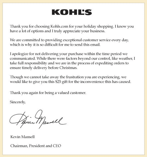 Kohl's delayed shipment apology letter