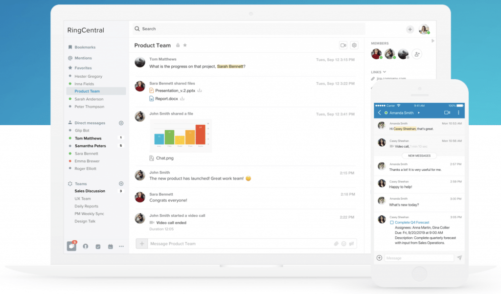 RingCentral app lets you send instant messages and share knowledge and expertise across the team