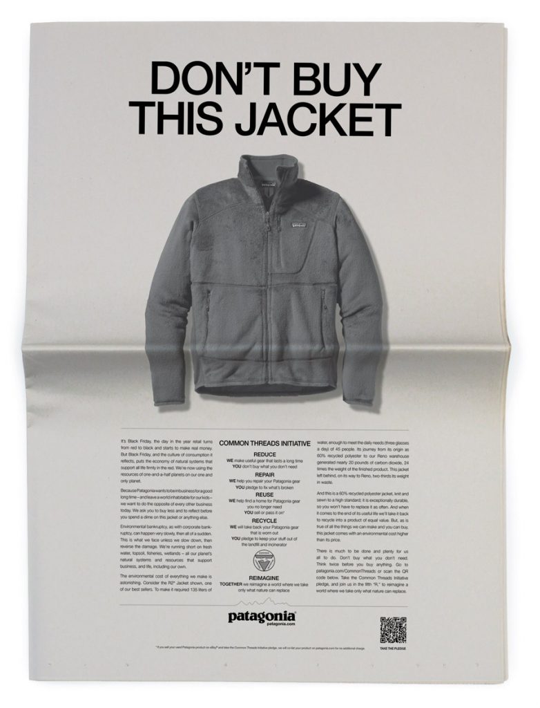 Patagonia evokes environmentalism and sustainability in its brand messaging to create a certain emotional experience in its customers. Note the consideration of an online experience in the QR code.