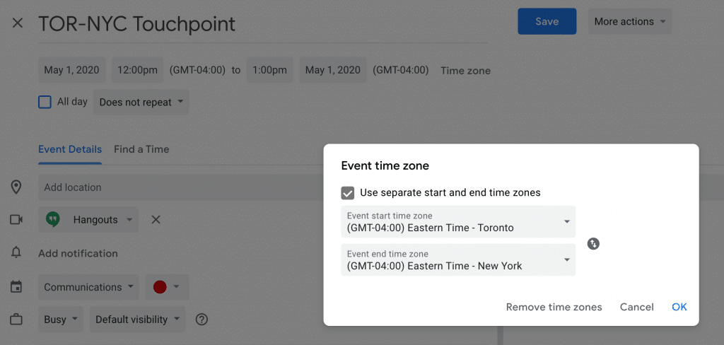 When creating a Google Calendar event for people from different time zones, select Time zone setting beside the date and time options and add in a new time zone.