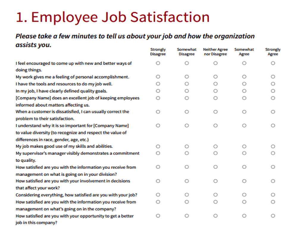 Example of an employee engagement survey to get a pulse on how employees feel about their job.