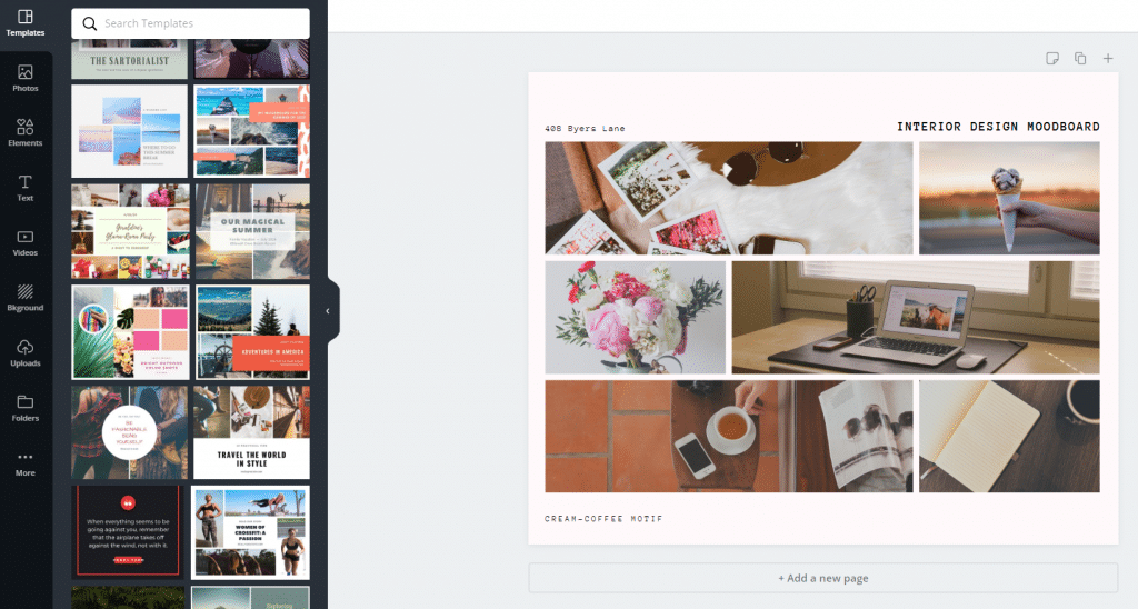 Canva pre-built template for moodboards
