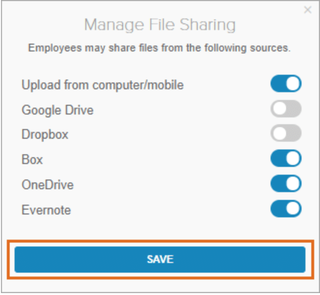 Toggle the “Manage on File Sharing” setting on the administration page to share worksheets, exercise files, and any other materials with employees as the session goes on.