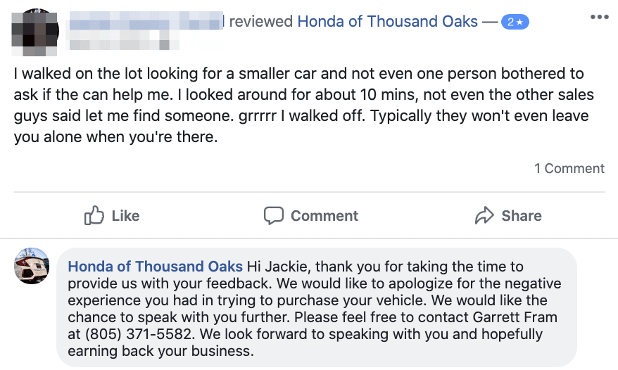 Example of a customer reporting that happening at a local car dealership