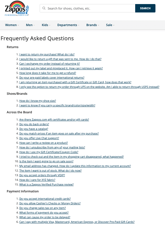 Zappos FAQ Page