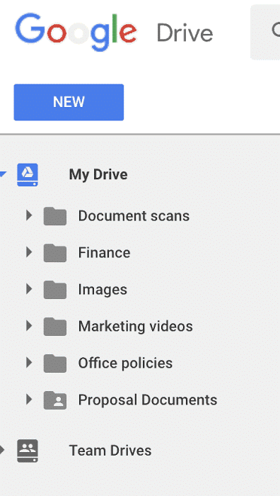 Google Drive home screen, overview of folder structure