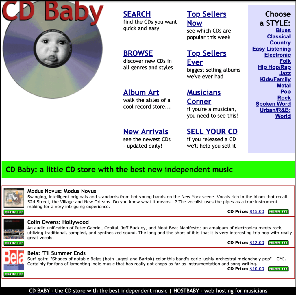 CD baby's website in 2004: beginning of an entrepreneurship story