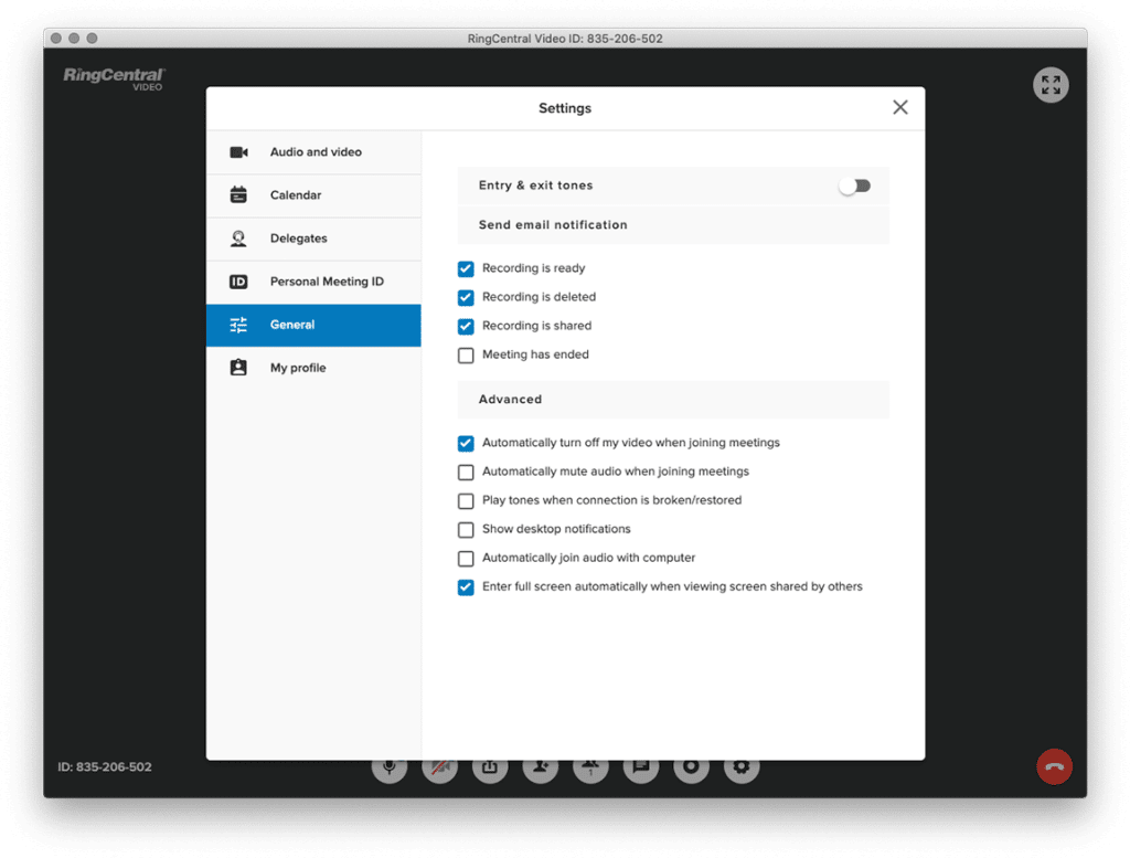 RingCentral Video settings