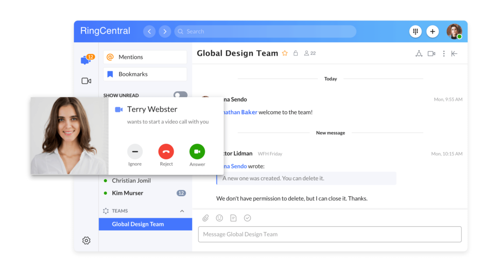 team messaging and video calls in RingCentral's app