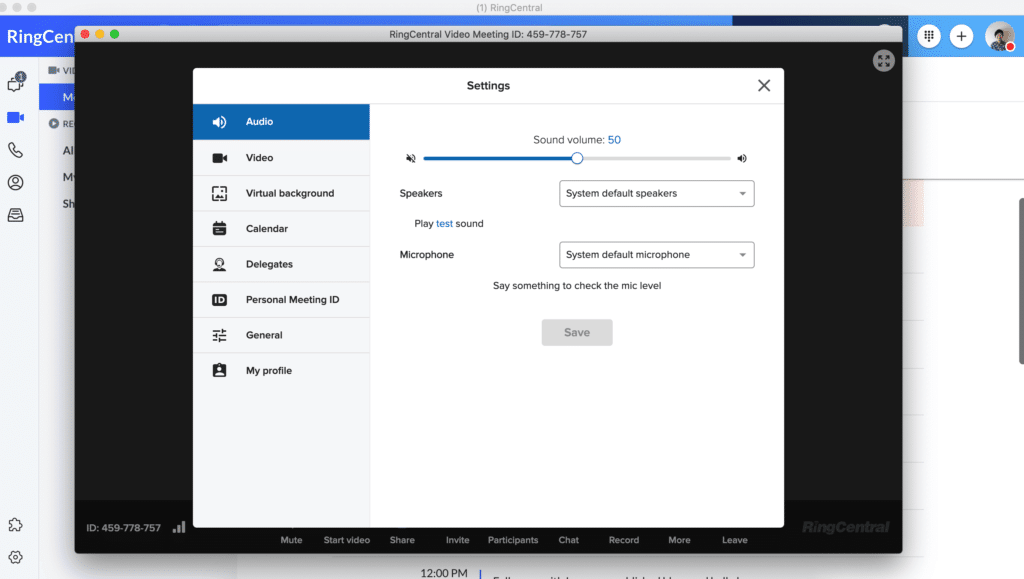 ringcentral video mic settings