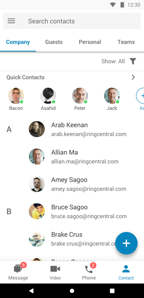 Directory of contacts in RingCentral Android app