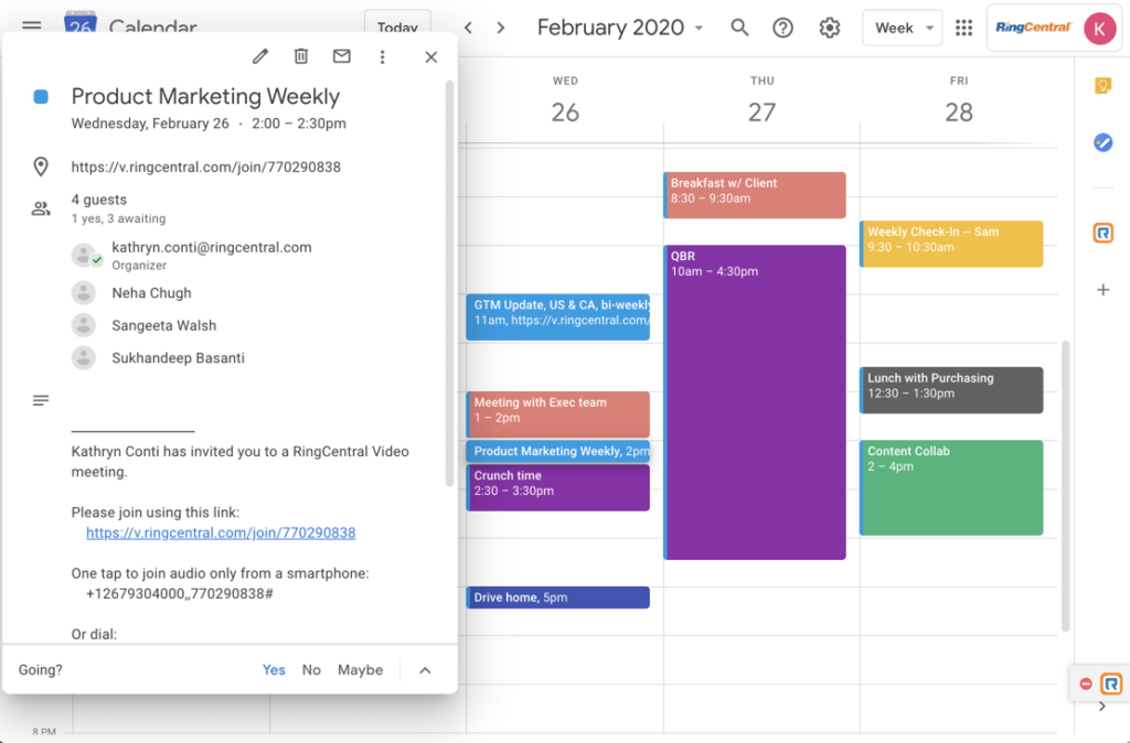ringcentral google calendar productivity integration