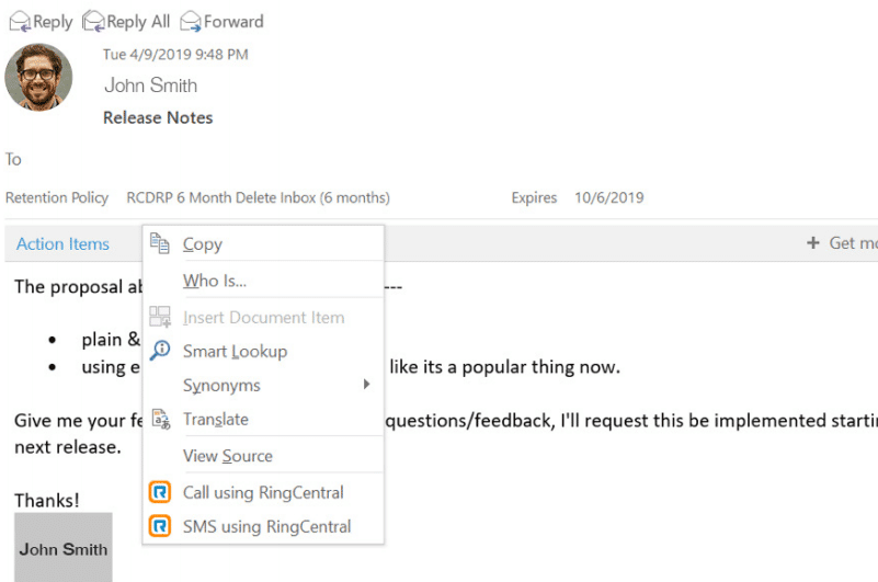calling or texting using ringcentral microsoft integration