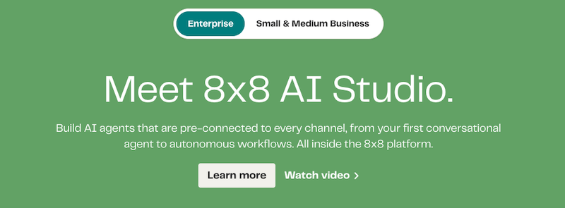 The 8x8 homepage with the headline "Meet 8x8 AI Studio" and buttons to learn more or watch a video