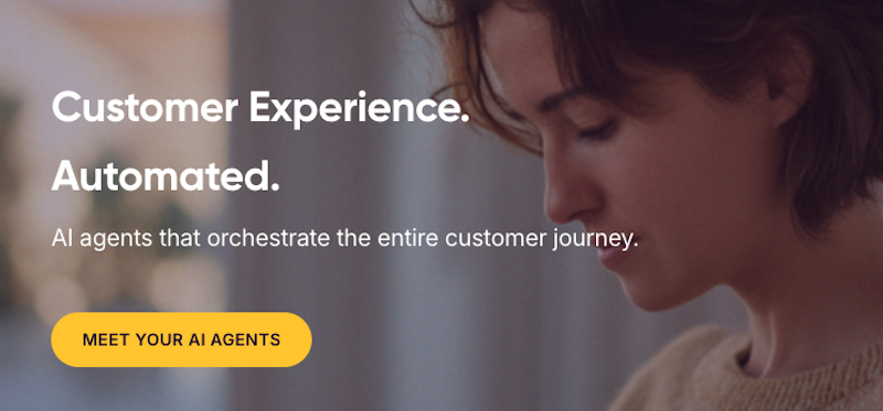 Talkdesk homepage with a headline that says "Customer Experience. Automated." and a button to meet the platform's AI agents