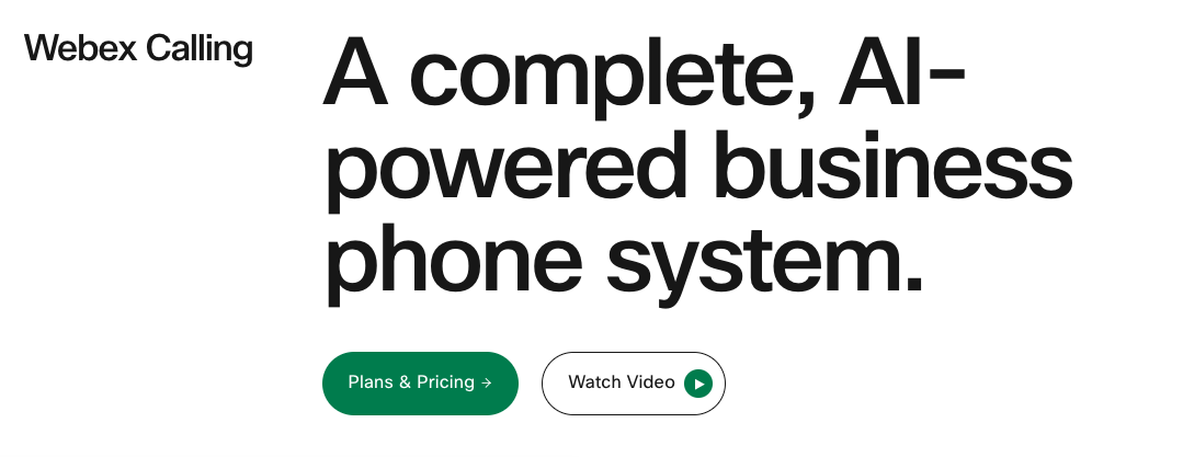 The Cisco Webex Calling homepage with the headline "A complete, AI-powered business phone system" and two CTA buttons