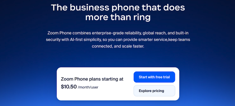 The Zoom Phone homepage with the headline "The business phone that does more than ring," plus free trial and pricing buttons