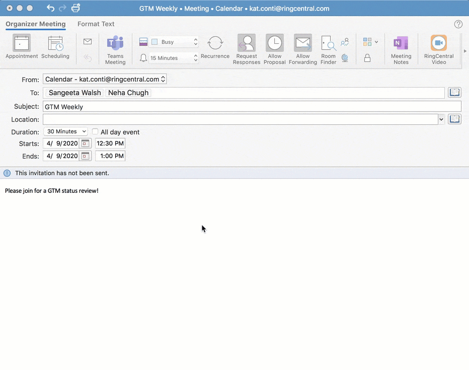new ringcentral video meeting in outlook