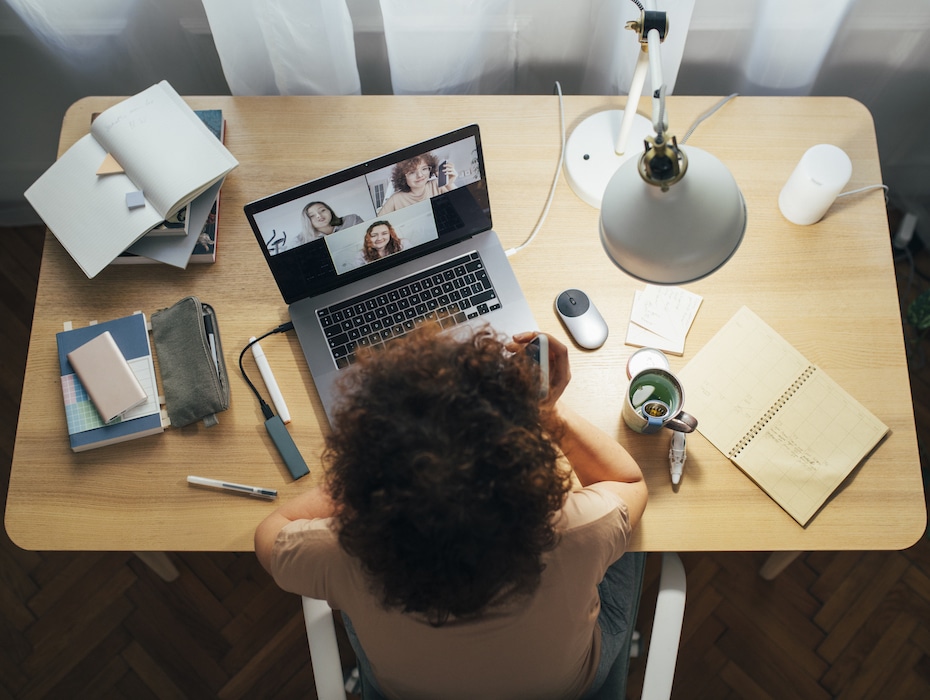 Employee working at home, having an online meeting with team mates