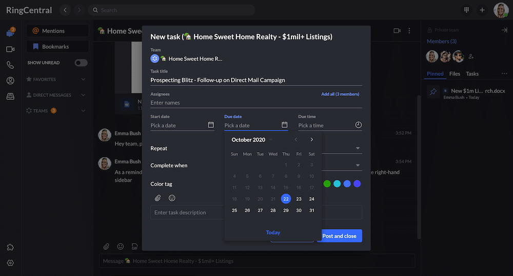 new task in ringcentral app